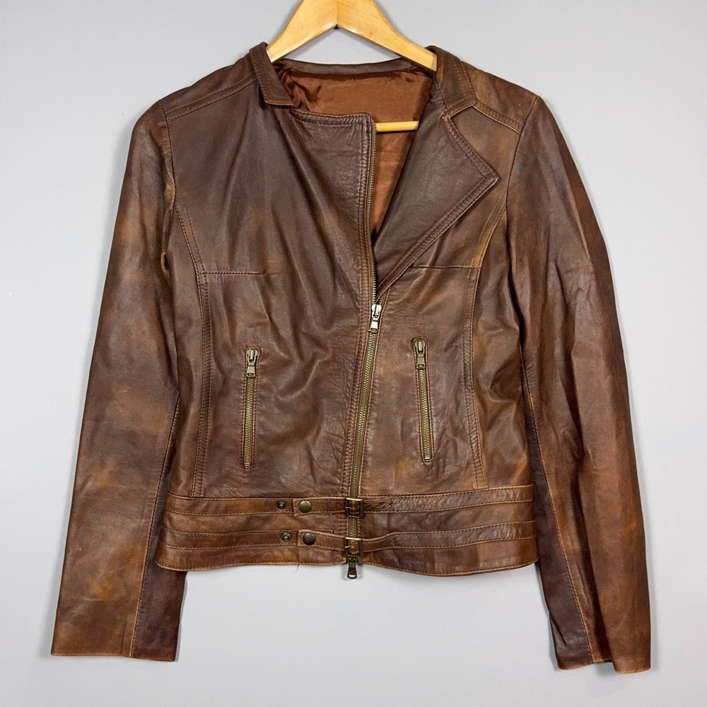Vera Pelle Italian Leather Cropped Biker Jacket Womens 44 Distressed Brown